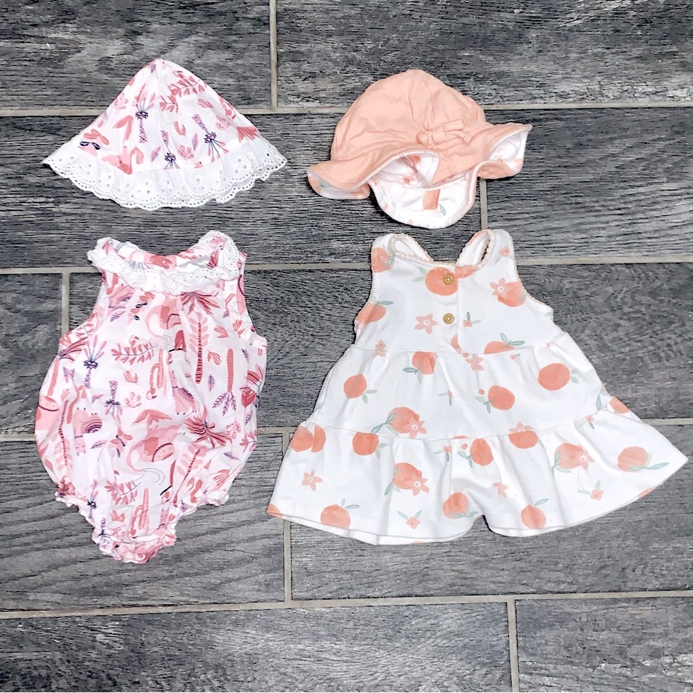 2 Pc Set Rabbit & Bear Dress & Hat and 2pc Set lLittle Beginnings Romper & Hat